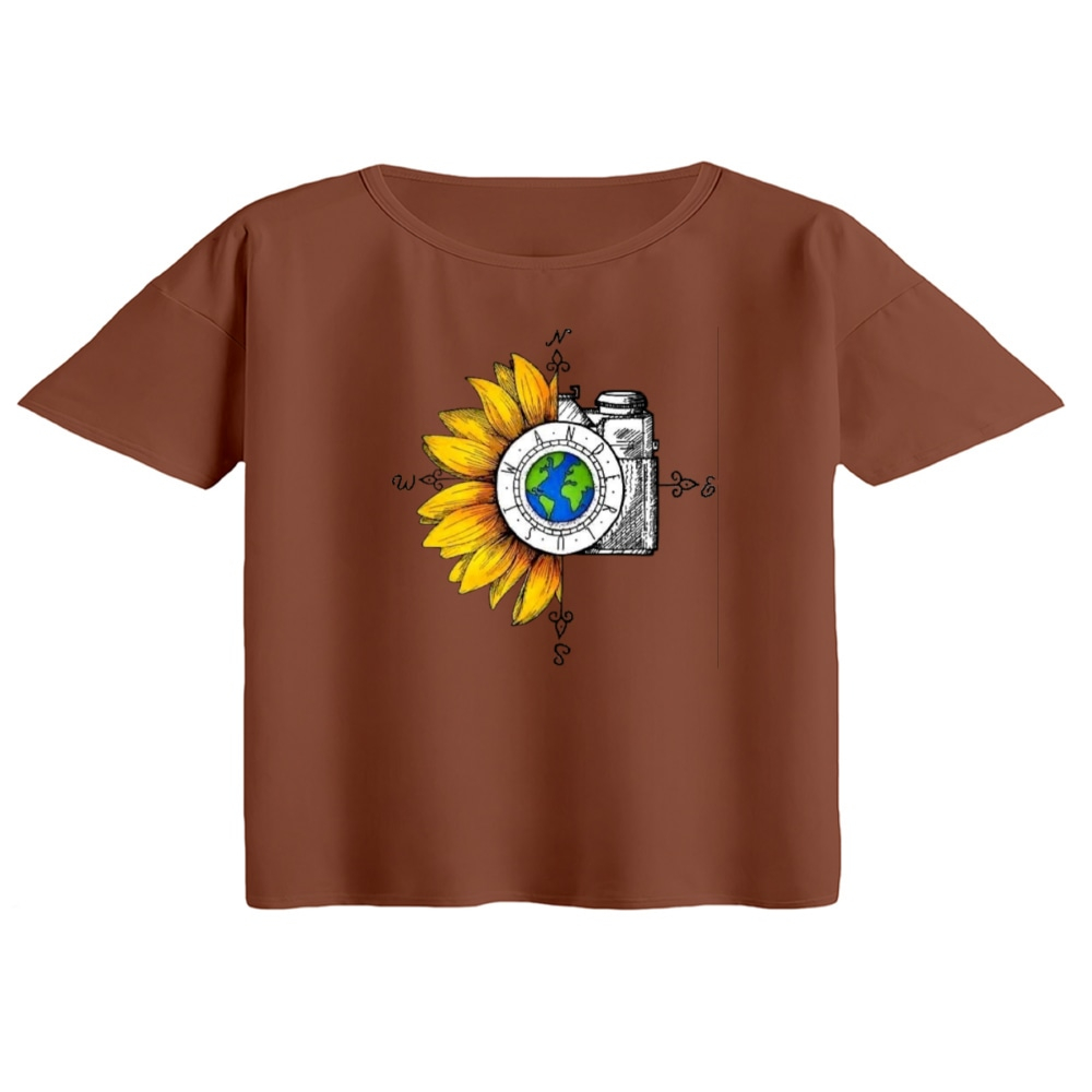 کراپ تی‌شرت آستین کوتاه زنانه مدل دوربین و آفتابگردان رنگ دارچینی