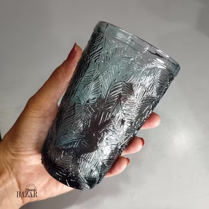 لیوان بلند آبی طرح برگ 380 سی سی