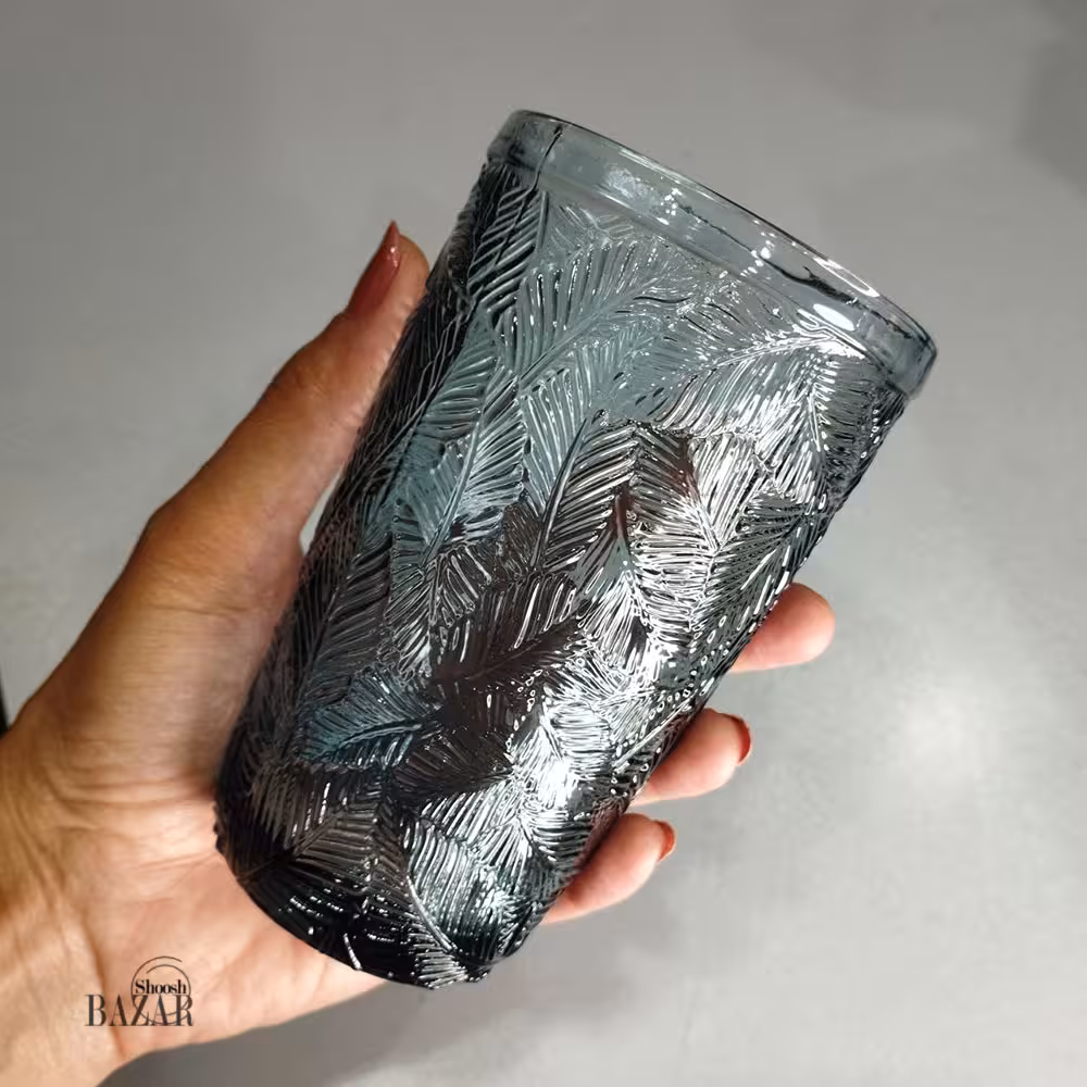 لیوان بلند آبی طرح برگ 380 سی سی