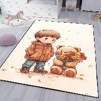 فرشینه اتاق کودک طرح پسر بچه و عروسک خرس با زمینه وشن HQ-3206