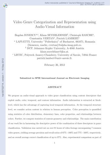 خرید و دانلود نسخه کامل کتاب Video genre categorization and representation using audio-visual information
