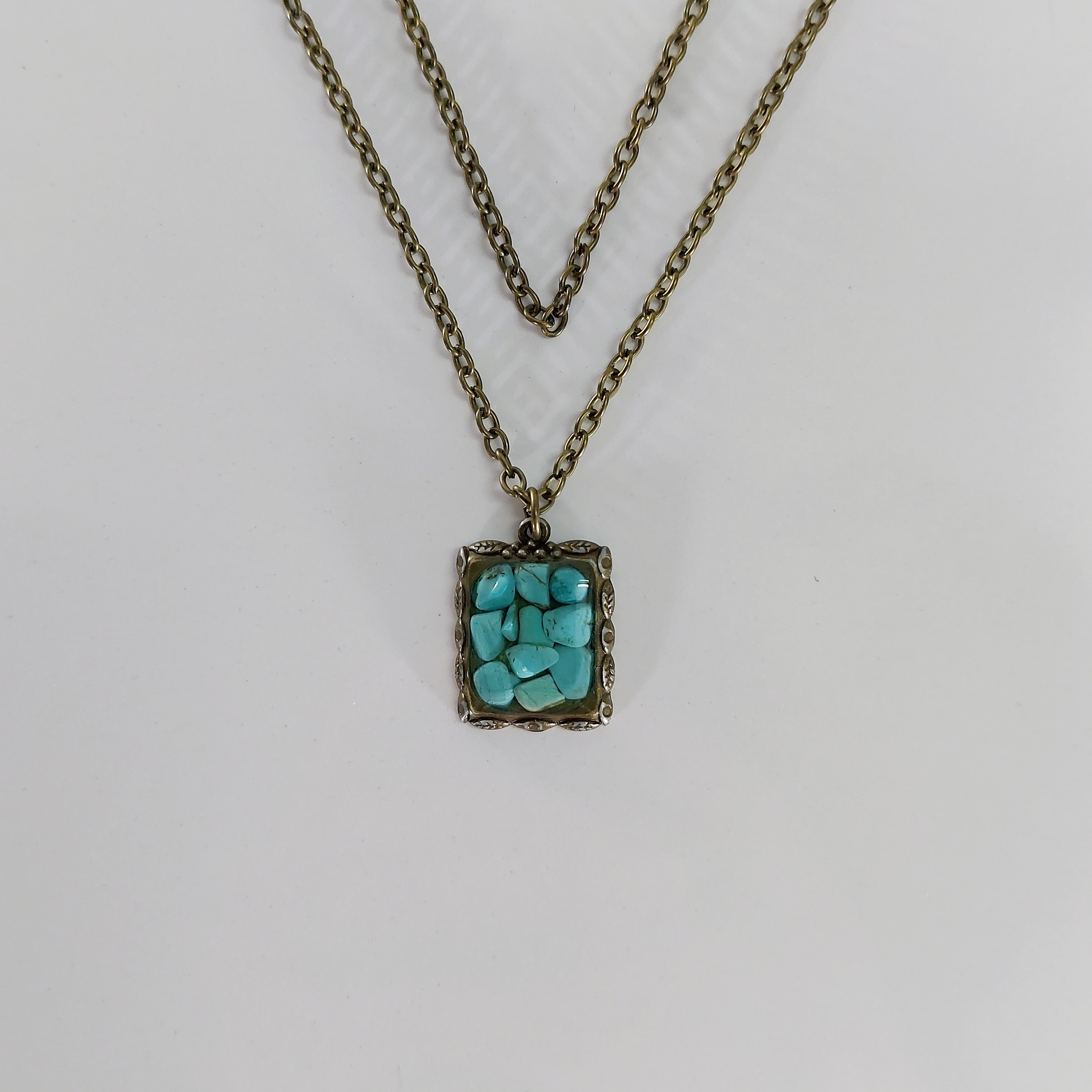 گردنبند فیروزه با قاب و زنجیر برنز رنجیر 50 سانت گردنبند سنتی 