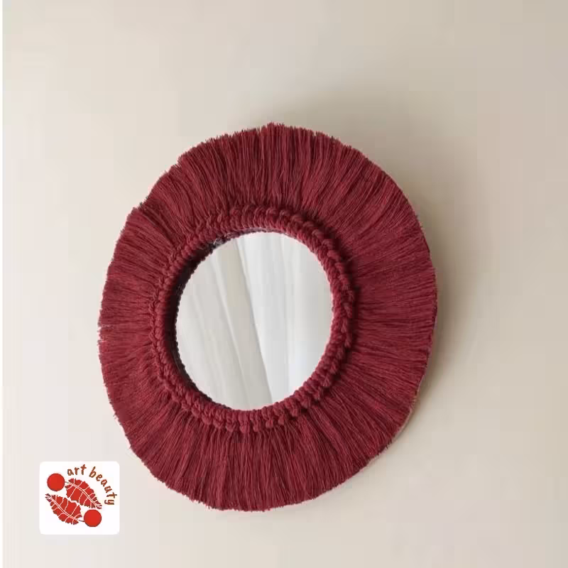 آینه دکوراتیو مکرومه بافی رنگ زرشکی سایز اینه 25 سانتی متر رنگ دلخواه
