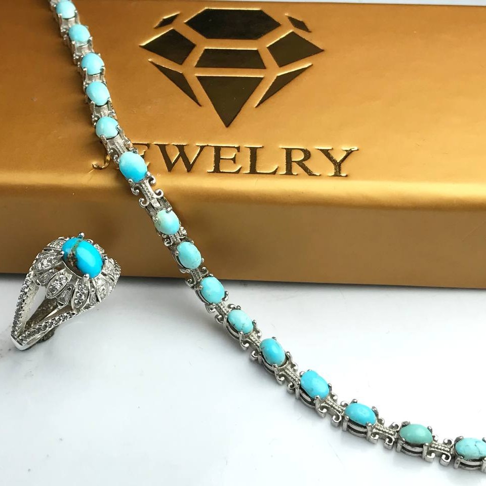 ست فوق العاده زیبا دستبند و انگشتر فیروزه نیشابور اصلی عیارنقره925
