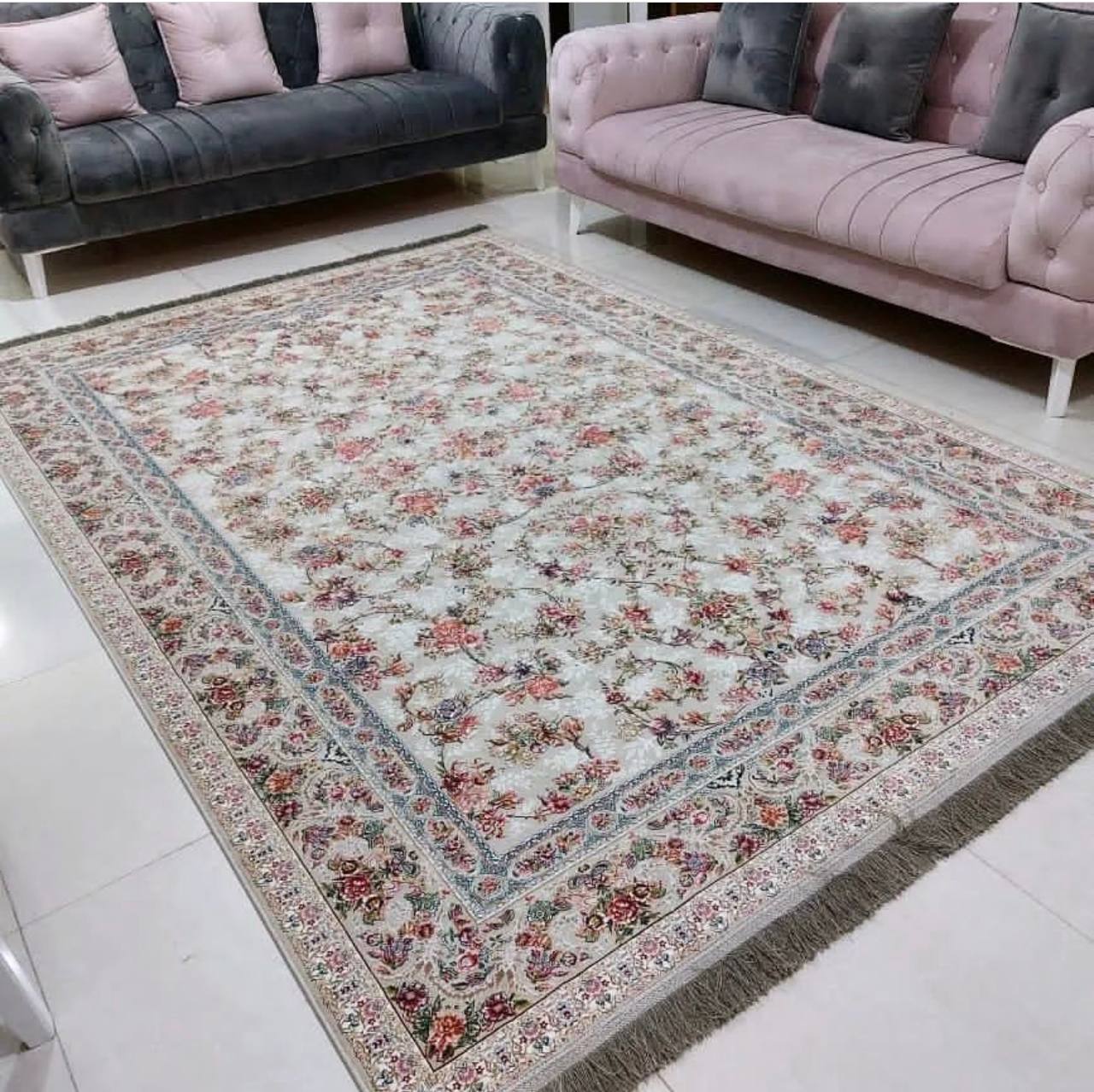 فرش ماشینی 1200 شانه طرح بهشت نقره ای گل برجسته - بازرگانی 110