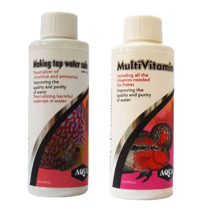 محلول محافظ آب آکواریوم آکوا حجم 100 میلی لیتر به همراه مولتی ویتامین