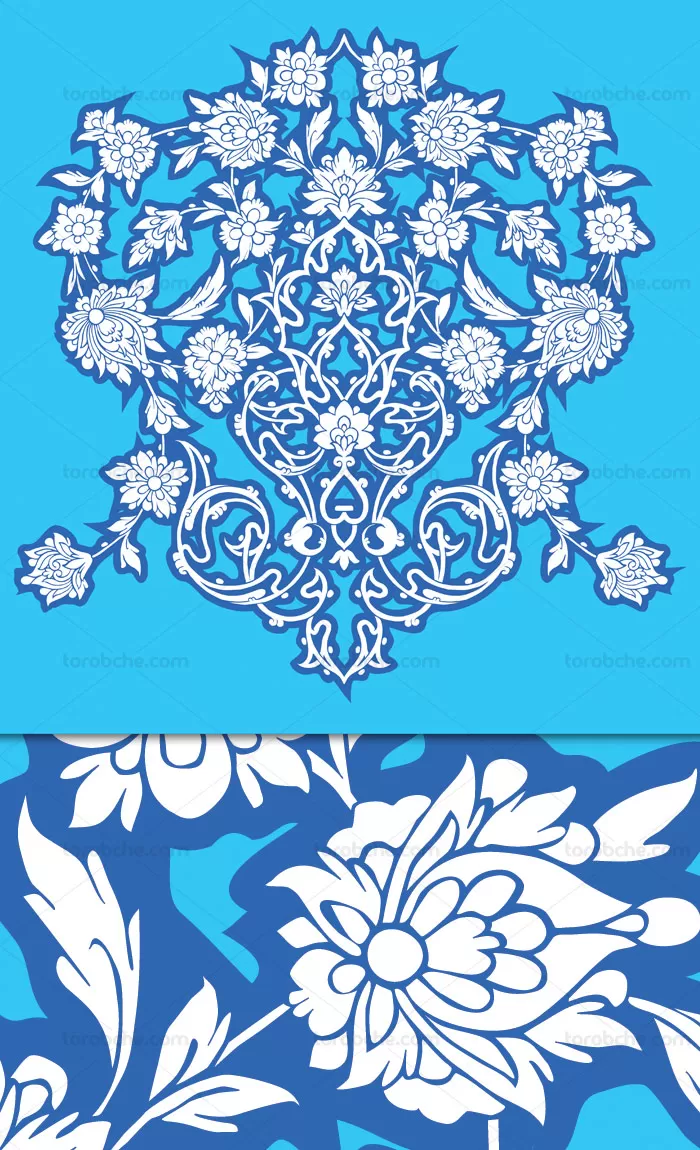 وکتور طرح گل و بته های اسلیمی آبی رنگ - گرافیک با طعم تربچه