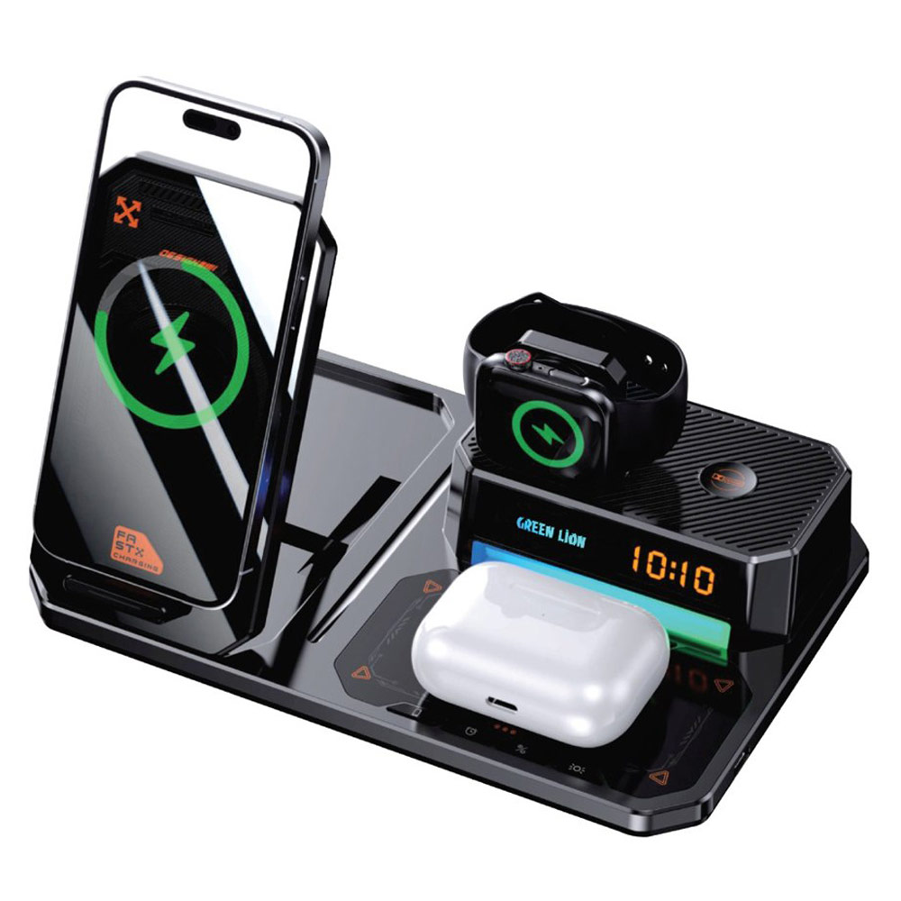 شارژر وایرلس 6 کاره گرین لاین Green Lion 6 IN 1 Multi Functional Wireless Charger توان 15 وات