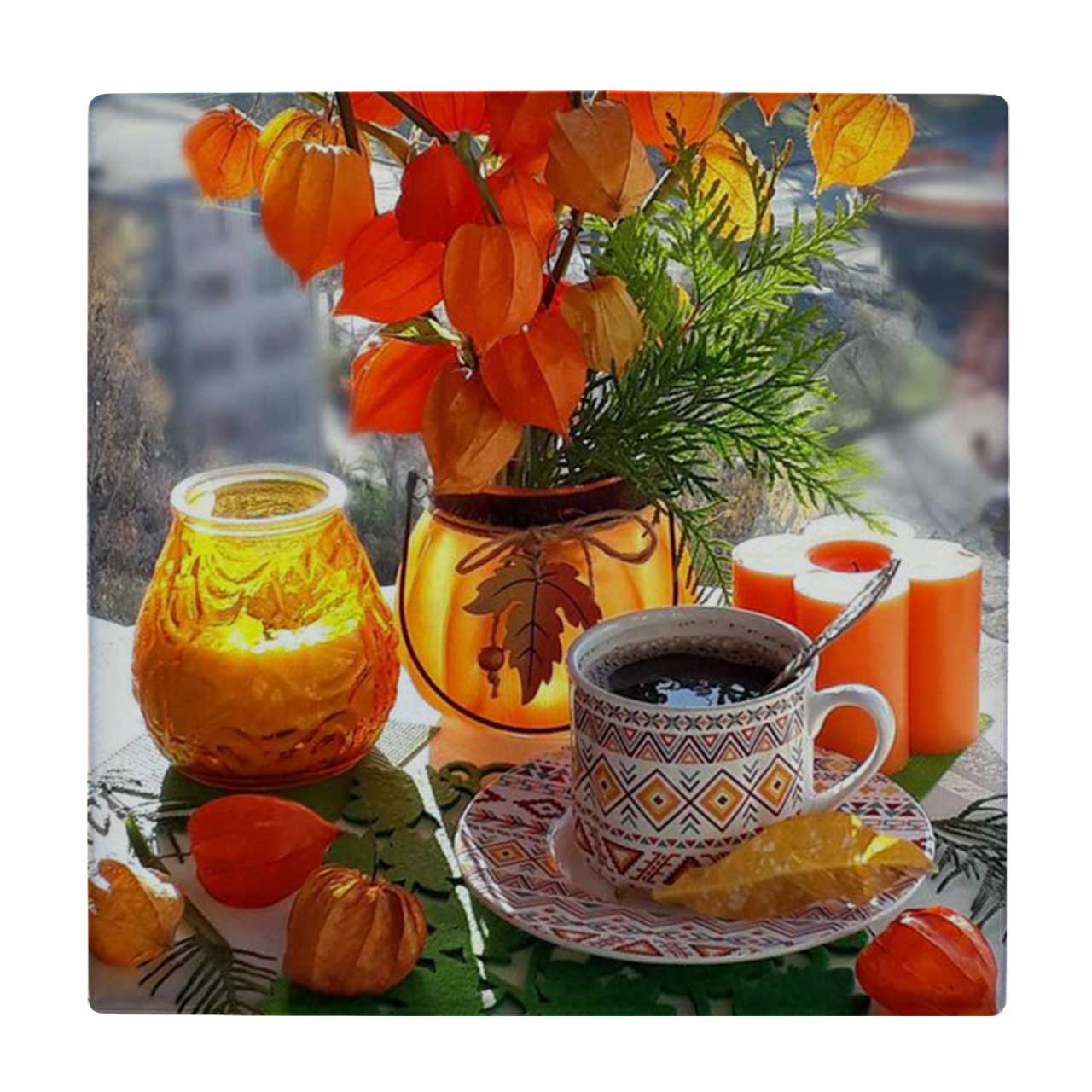  زیر لیوانی  طرح نقاشی گلدان گل و فنجان قهوه کد    6229702_5844