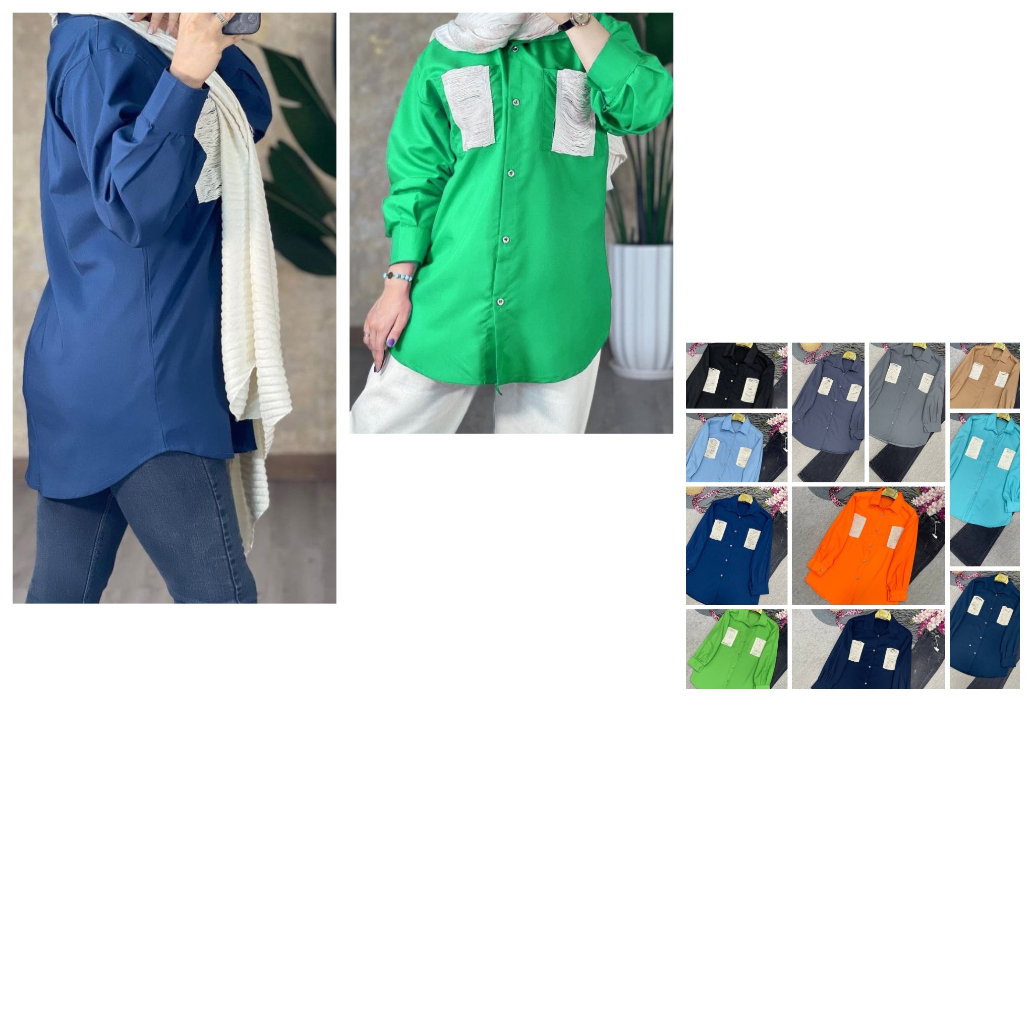 شومیز مانتویی جنس داکرون نخ درجه یک در 11 رنبگندی فیری سایز 38 تا 46