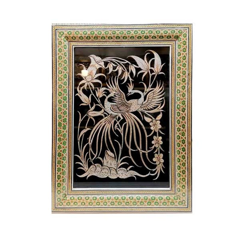 تابلو قلمزنی مسی با قاب خاتم کاری دوگل سبز  اعلا  30در40