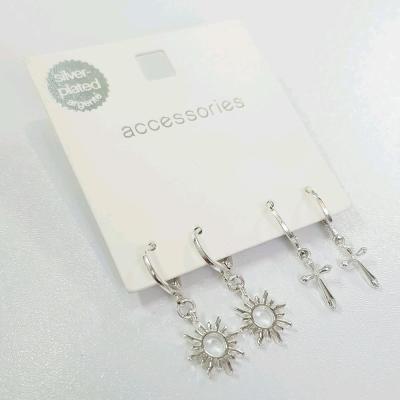 پک دو جفتی گوشواره قفلی آویز صلیب و خورشید با آبکاری نقره