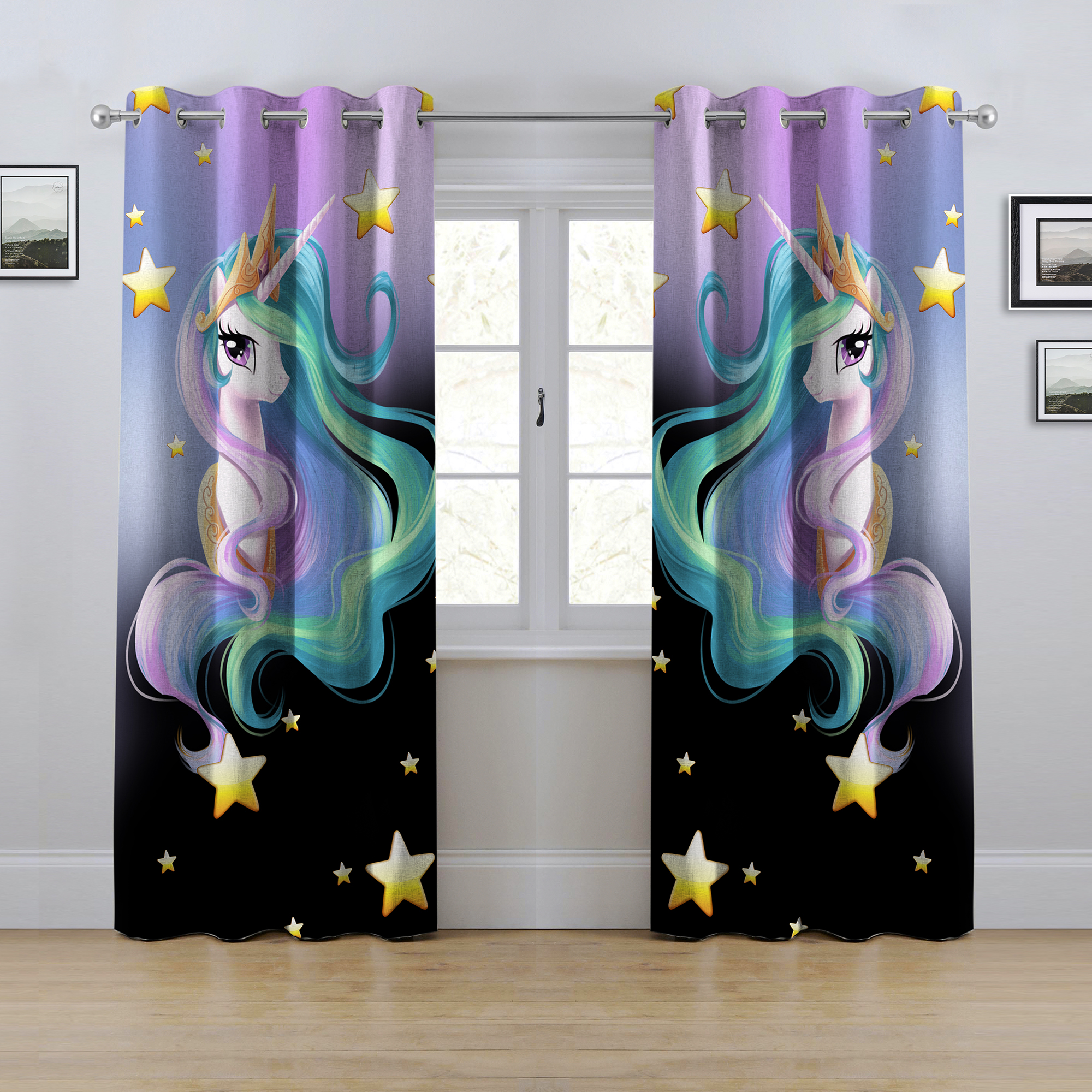 پرده مدل پانچی کودکانه یونیکورن سایز 280x145 سانتی متر