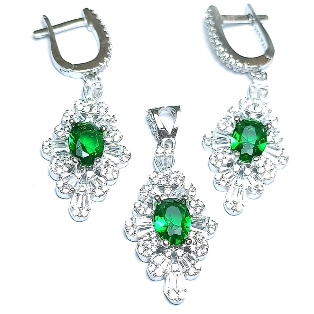 نیم ست نقره نگین رنگی جواهری سبز آبکاری رادیوم 8