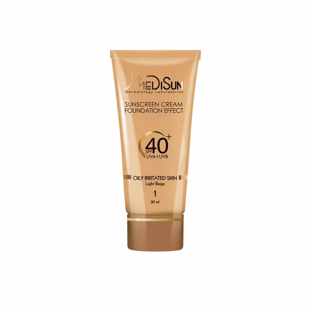 ضد آفتاب کرم‌پودری رنگی فاقد چربی تیوبی پوست حساس و چرب SPF40 مدیسان
