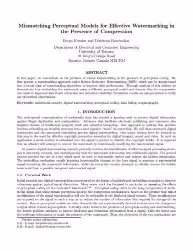خرید و دانلود نسخه کامل کتاب Mismatching Perceptual Models for Effective Watermarking in the Presence of Compression
