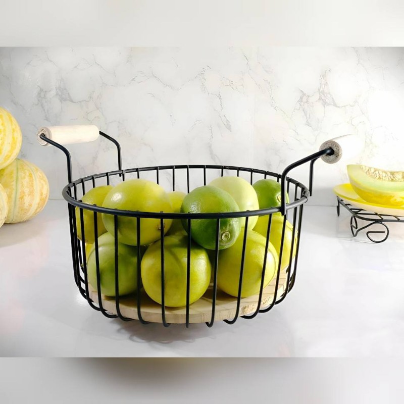 سبد میوه کف چوب گرد با دسته چوبی اندازه بزرگ