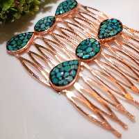 شانه مسی فیروزه کوبی، شونه سر مسی، ترکیب مس وفیروزه اصل نیشابور، فیروزه کوبی شده، سایز کوچیک