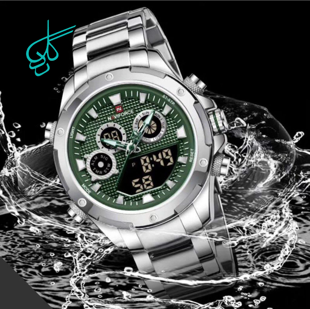 خرید =ساعت مردانه مارک نیوی فورس Naviforce 9217 موتور ژاپن ضدآب دو زمانه روز شمار دارای تقویم ماهانه چراغ دار استیل با کیفیت کد 1919334 - ردگل