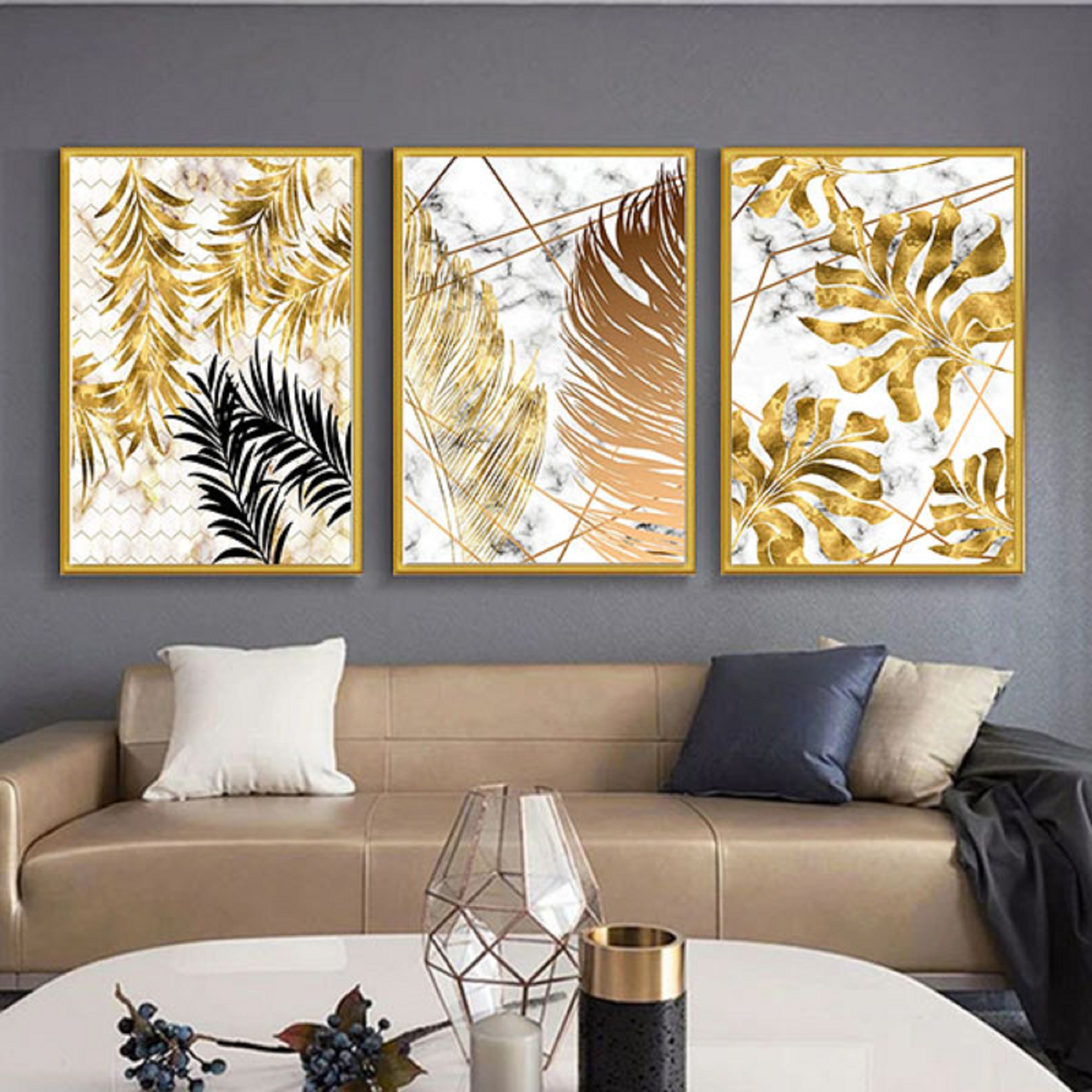 تابلو بکلیت طرح برگ طلایی مدل دکوراتیو T-301 مجموعه 3 عددی
