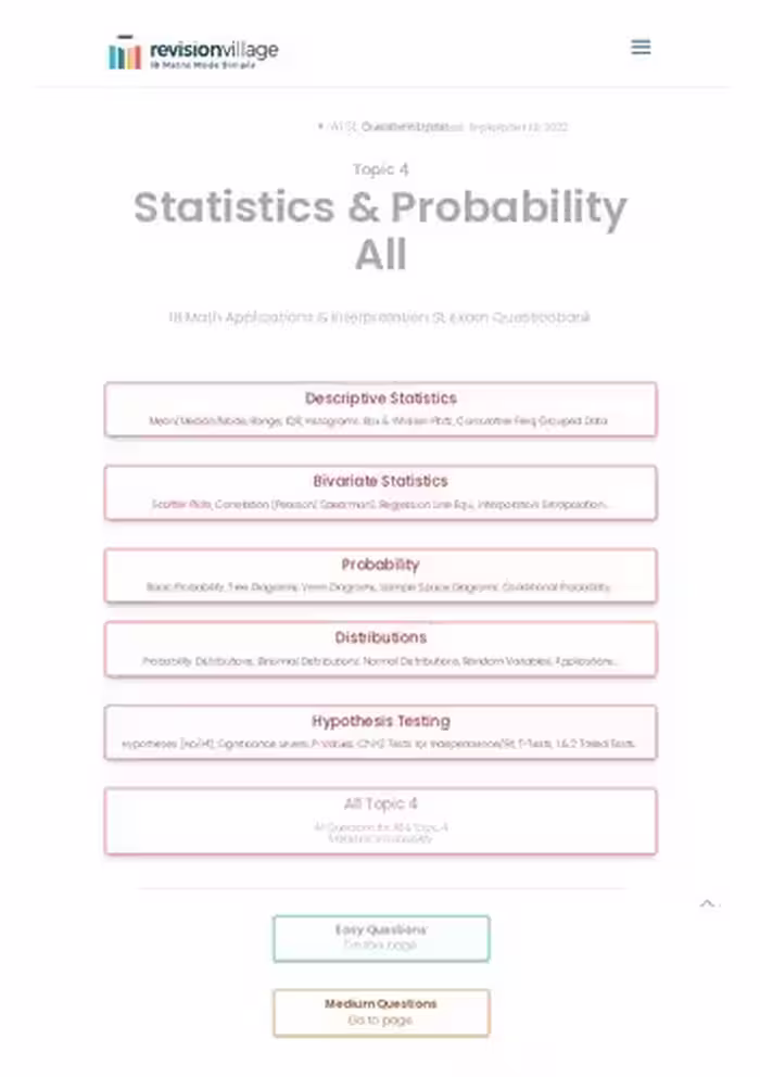خرید و دانلود نسخه کامل کتاب Revision village Math AI SL - Statistics &amp; Probability - Easy Difficulty Questionbank