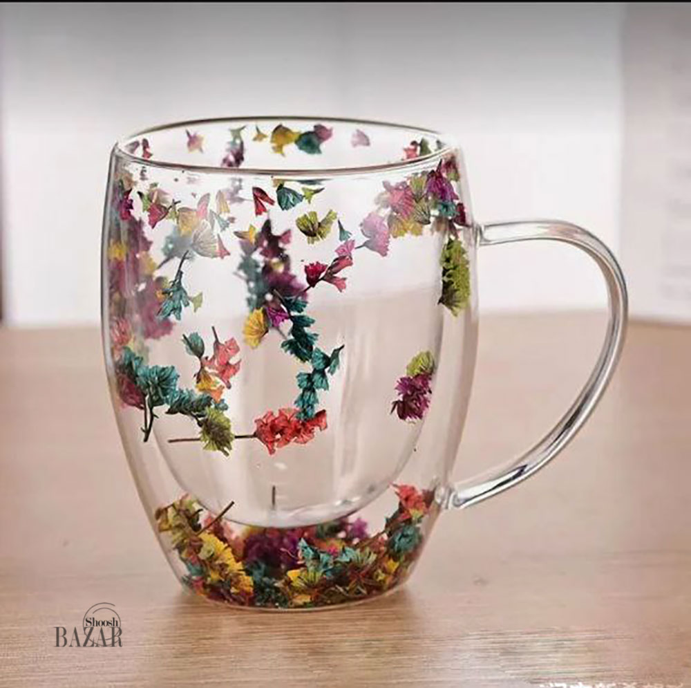 لیوان پیرکس دوجداره گلدار دسته دار