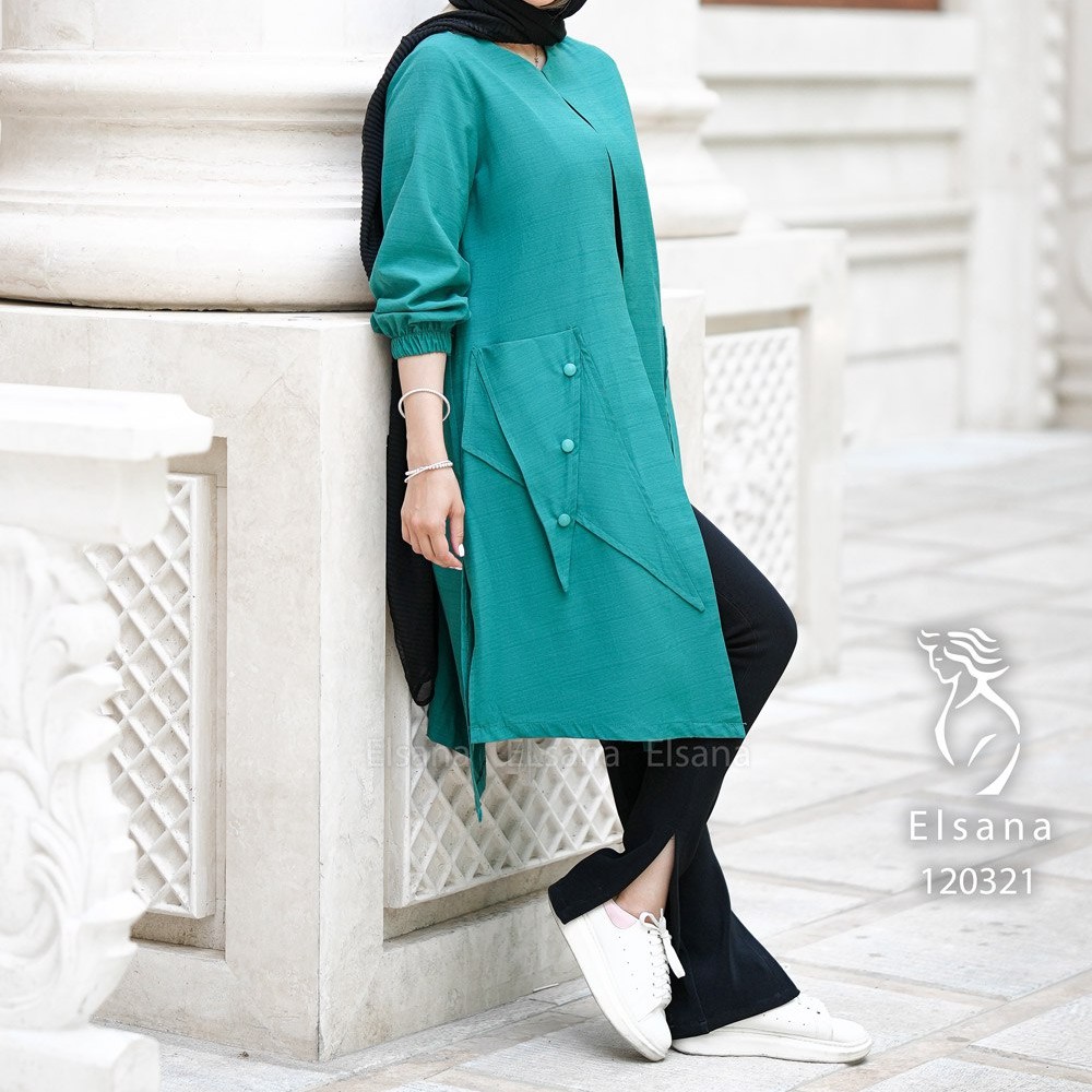 مانتو بابوس دو نخ از 38 تا 48 قد 105 دو جیب یقه گرد آستین کش 
