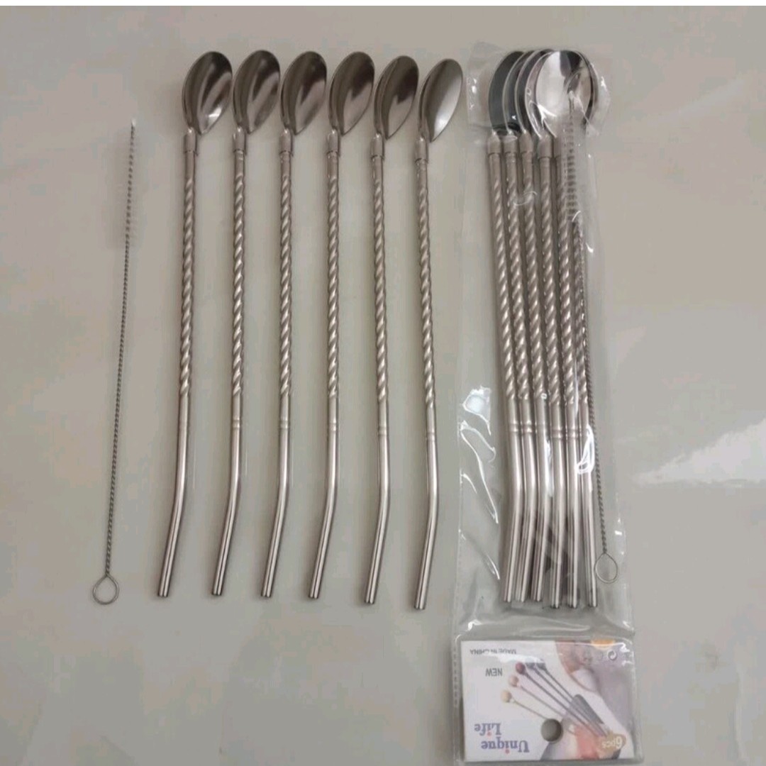 قاشق نی دار شربت خوری استیل طرح ساده نقره ای بسته شش عددی همراه با فرچه