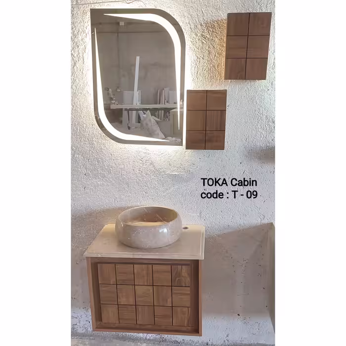 روشویی کابینتی مدل T-09 سایز 60 سانت با آینه بک لایت و  سنگ روکار  طبیعی کرم