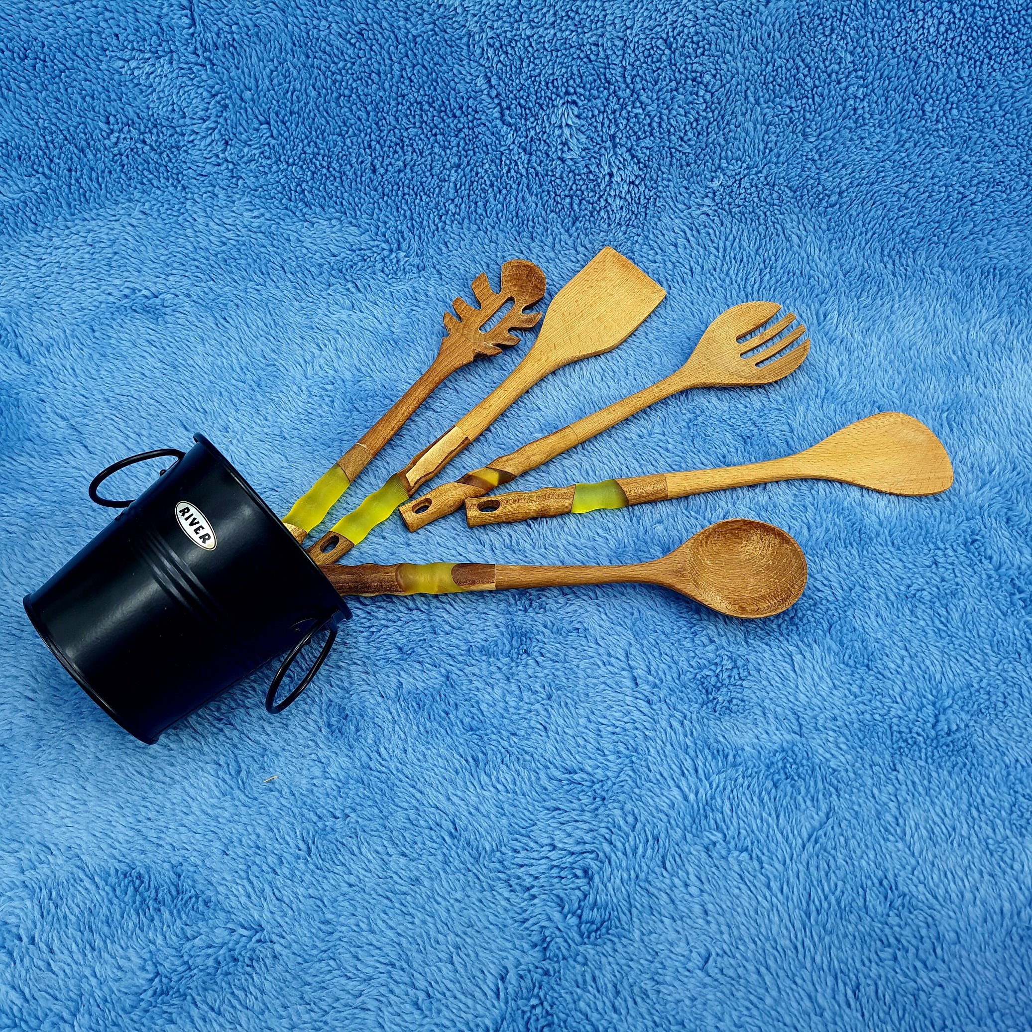 ست کفگیر و ملاقه چوبی رزین با سطل فلزی RIVER مدل 8477 مشکی