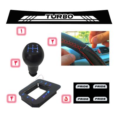 مجموعه 5 عددی دور فرمان دوختنی،برچسب آفتابگیر،سردنده چراغدار،پنل دنده چراغدار و برچسب دستگیره پراید