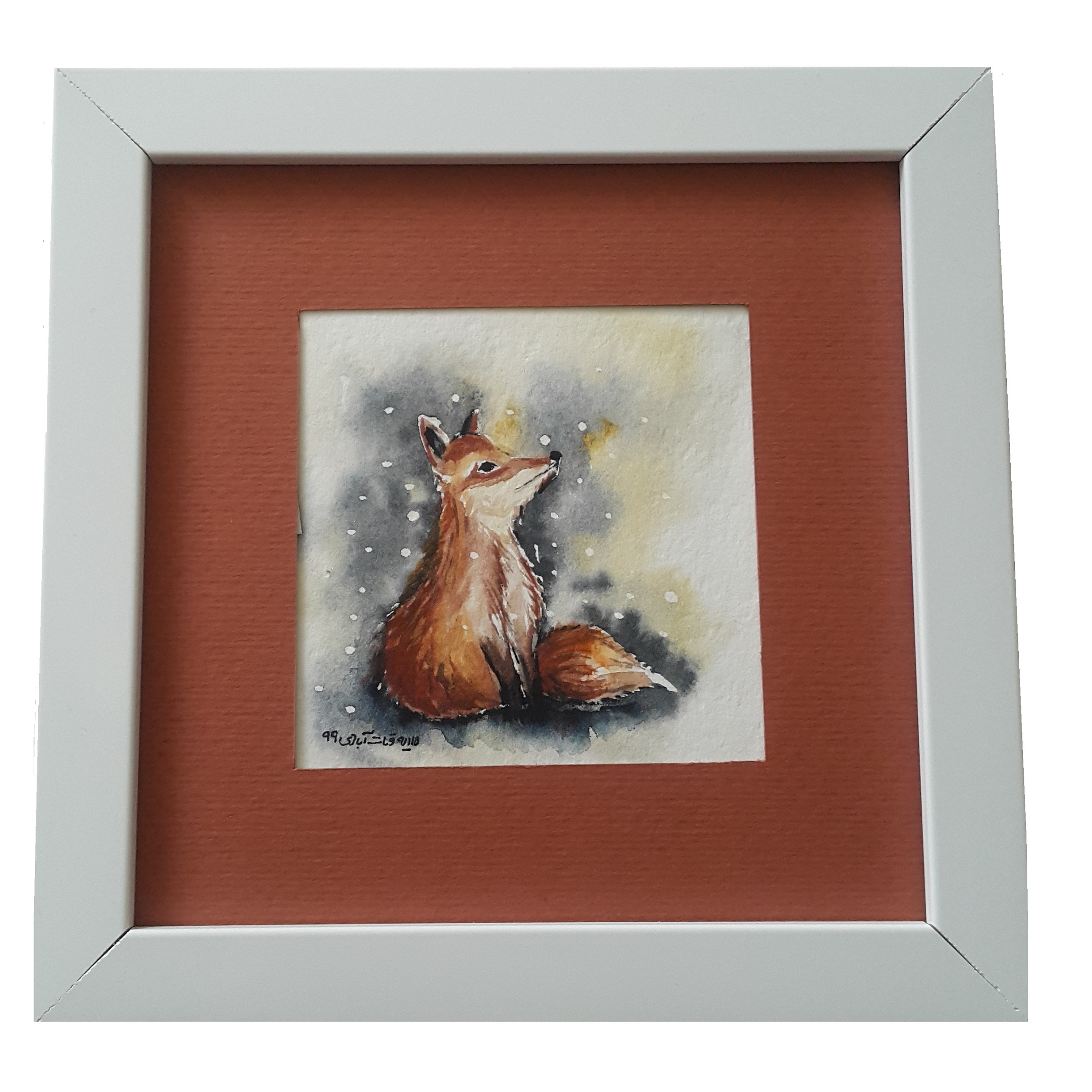 تابلو نقاشی آبرنگ مدل روباه در روز برفی