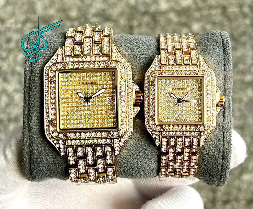 خرید ست ساعت زنانه و مردانه کارتیر فول نگین جدید رنگ ثابت و با کیفیت بند استیل کد 2116785 - ردگل