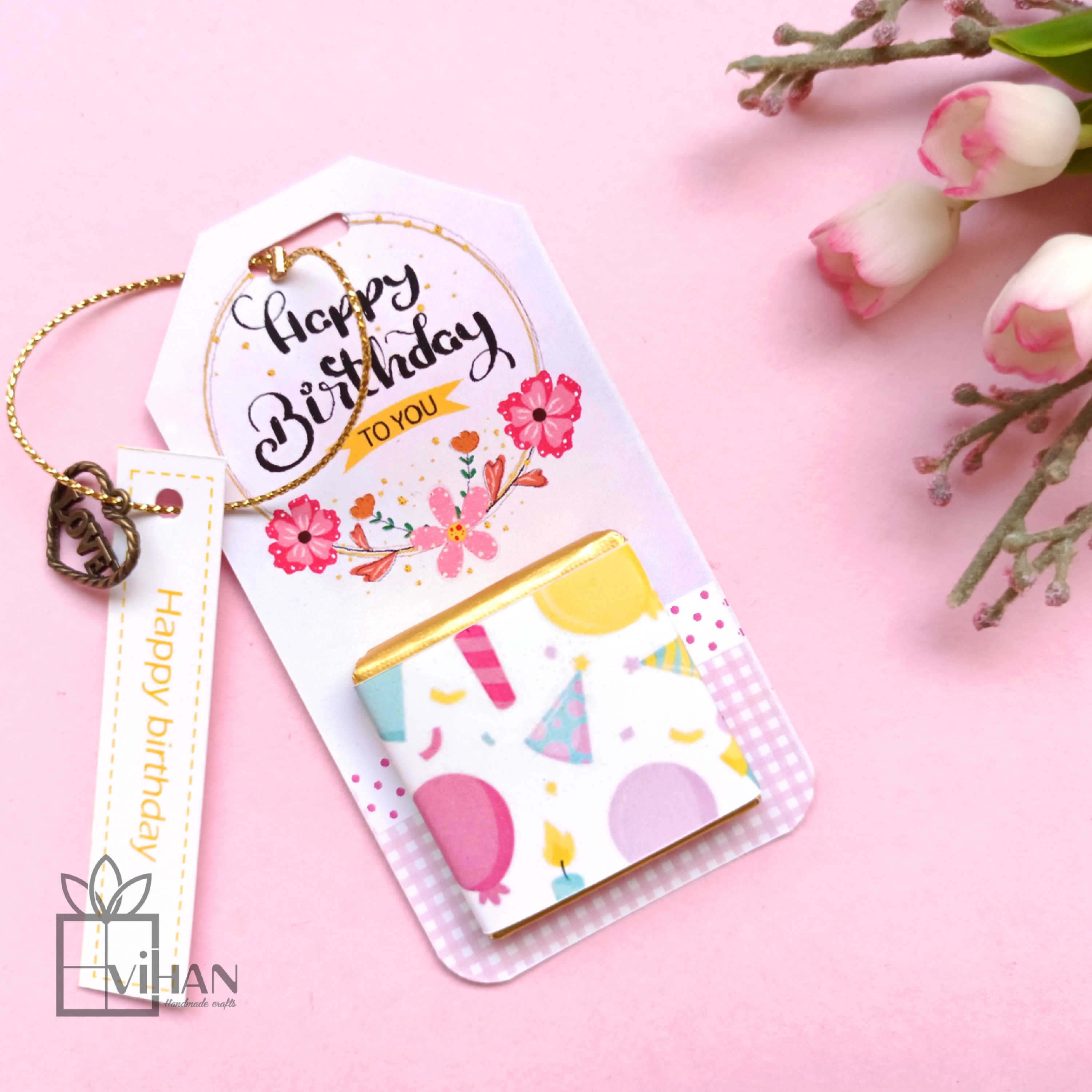 گیفت شکلات مربعی تبریک تولد همراه با تگ و آویز 