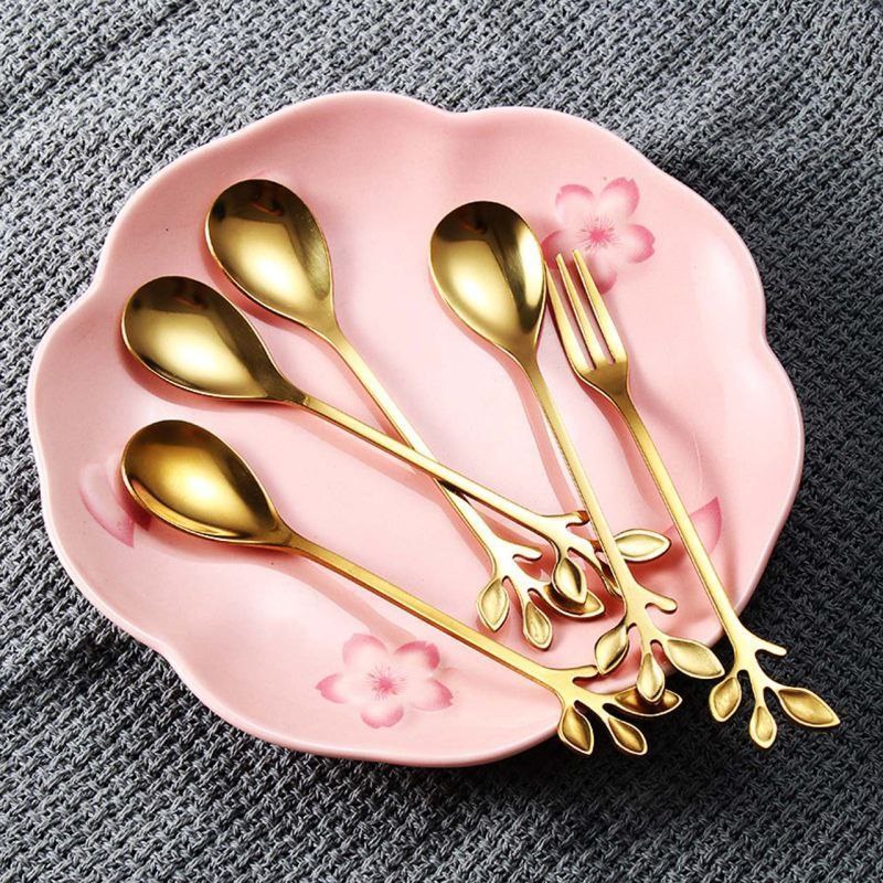 سرویس6پارچه قاشق برگ طلایی-  طرح برگ صبحانه خوری- استیل ضدزنگ