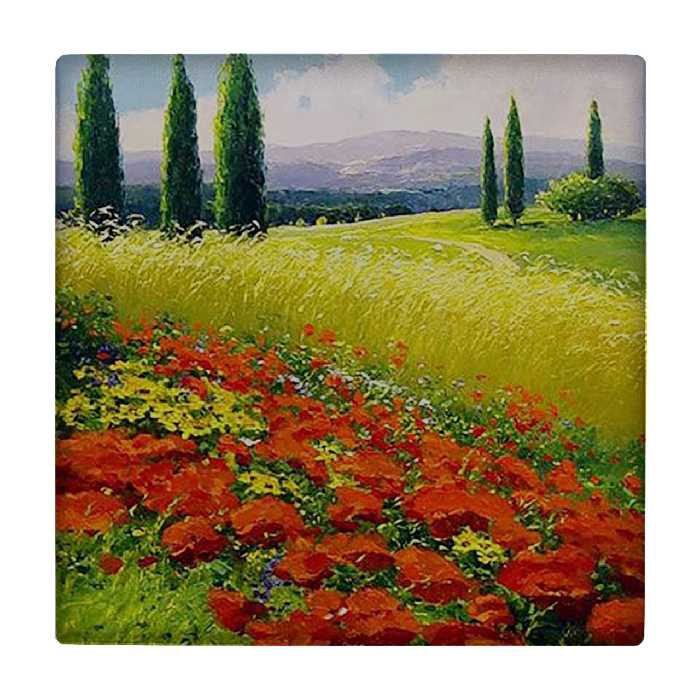 کاشی کارنیلا طرح نقاشی دشت گل و درختان سرو مدل لوحی کد klh996