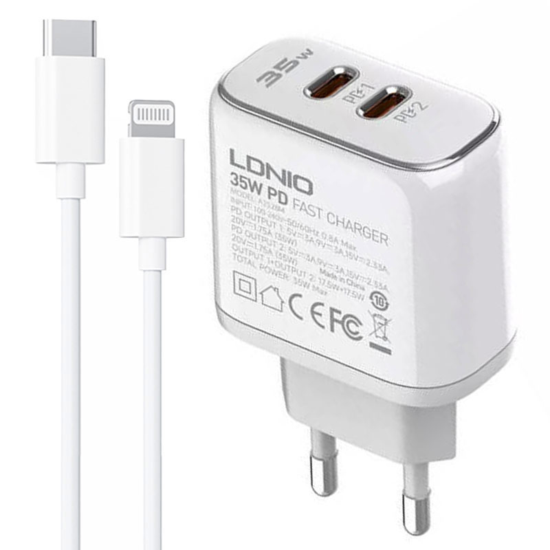 شارژر دیواری فست شارژ LDNIO A2528M 2Port 3A PD 35W   کابل آیفونی
