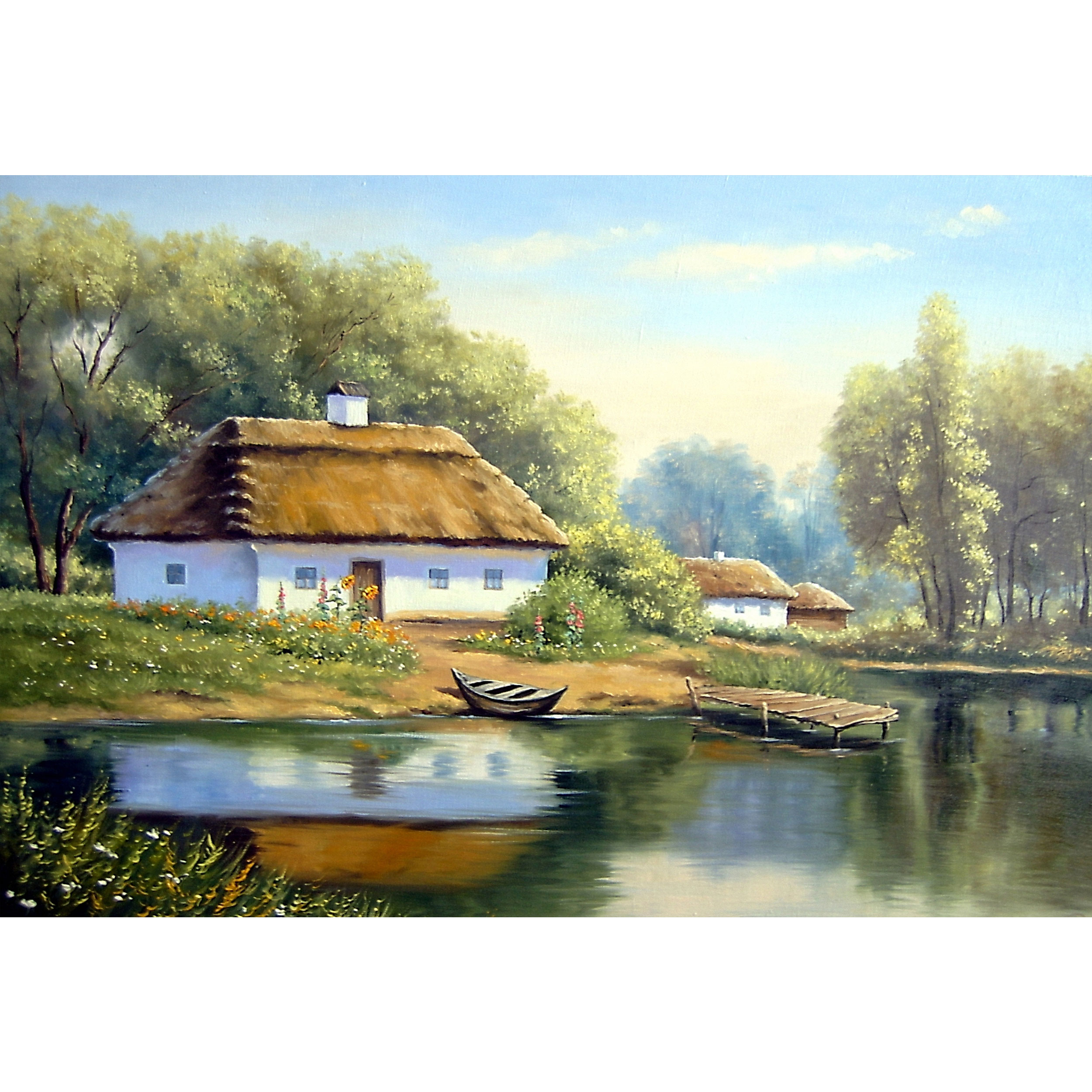 تابلو شاسی طرح نقاشی رئاليسم کلبه و رودخانه و قایق و جنگل مدل T1009