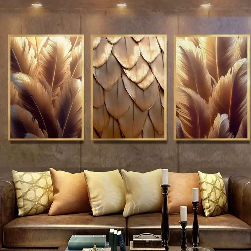 تابلو دکوراتیو  پرهای طلایی سه تیکه منظم | دنیای قاب