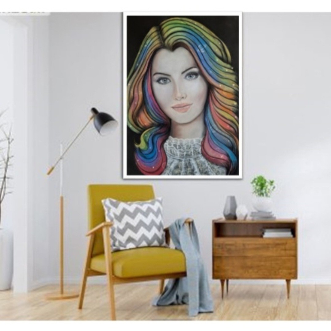 تابلو نقاشی دستی تکنیک پاستل با قاب سفید پی وی سی بسیار زیبا برای دکور و هدیه عزیزان