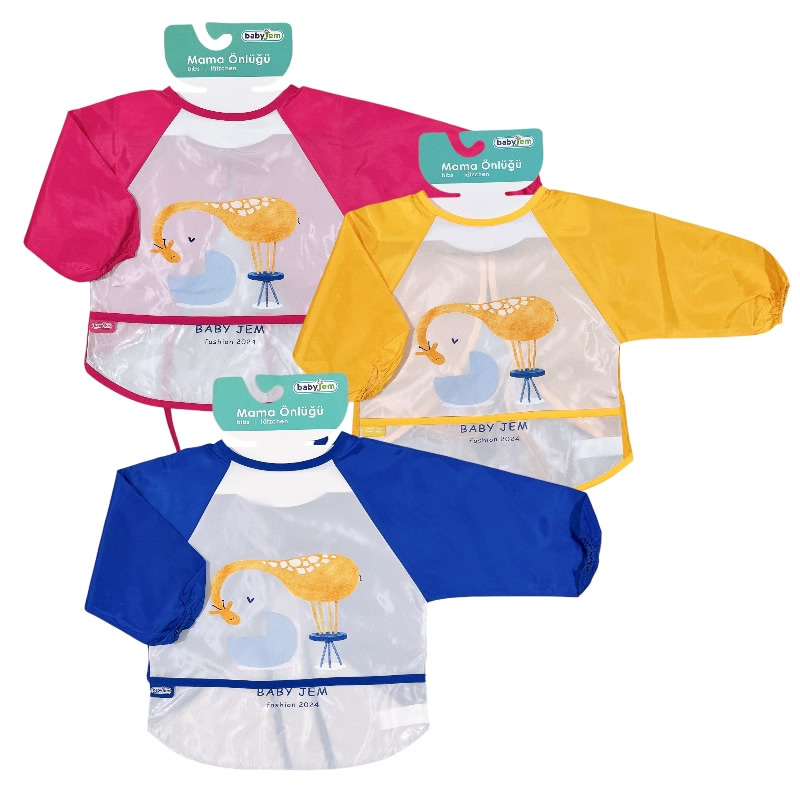 پیشبند آستین دار مشمایی کاسه دار کودک طرح زرافه بیبی جم Baby Jem