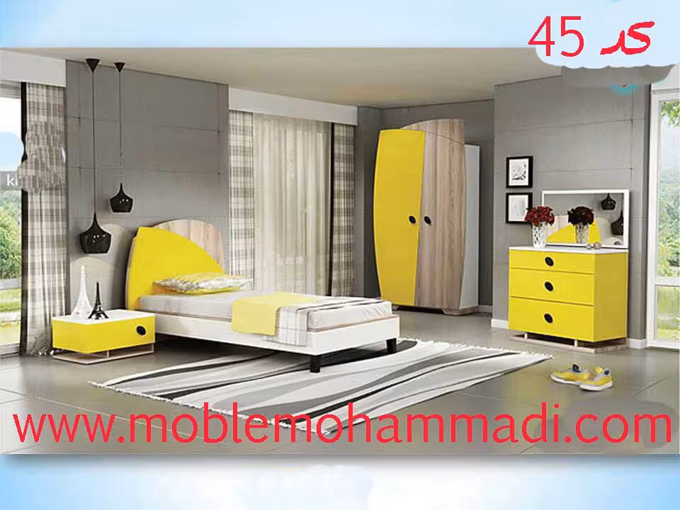سرویس خواب جوان و نوجوان کد 45 شامل تخت/ کمد/پاتختی/اینه دراور