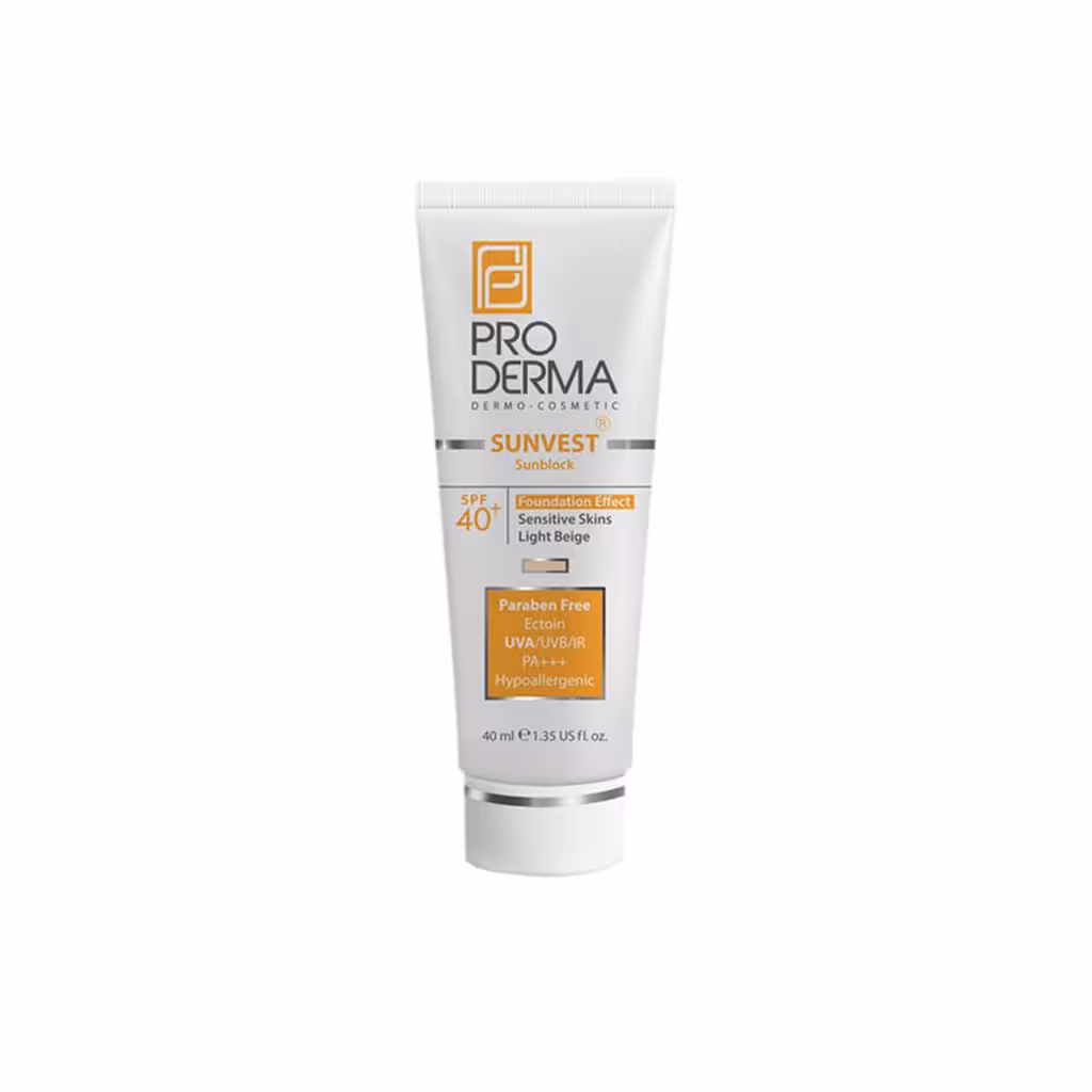 ضد آفتاب فیزیکال کرم پودری بژ روشن پوست حساس SPF40 پرودرما