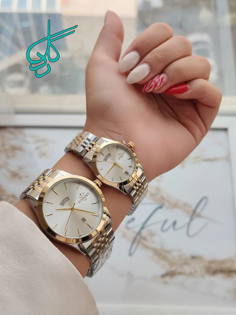 خرید ست ساعت مردانه و زنانه الگانس موتور ژاپن دو تقویمه استیل درجه یک دو قفله مخفی رنگ ثابت دارای رنگ بندی کد 2116227 - ردگل