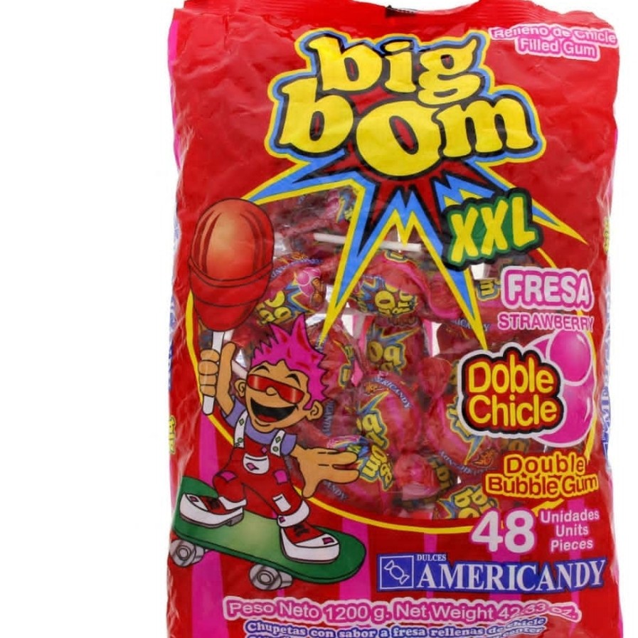 آبنبات چوبی  وآدامسی بیگ بوم طعم های توت فرنگی 48 عددی 

