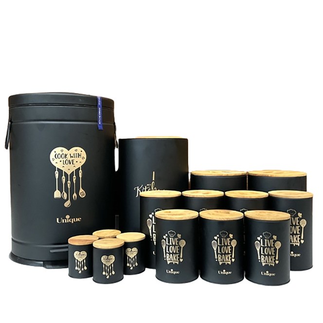 سرویس آشپزخانه 15 پارچه مشکی چاپ طلایی یونیک مدل 8048