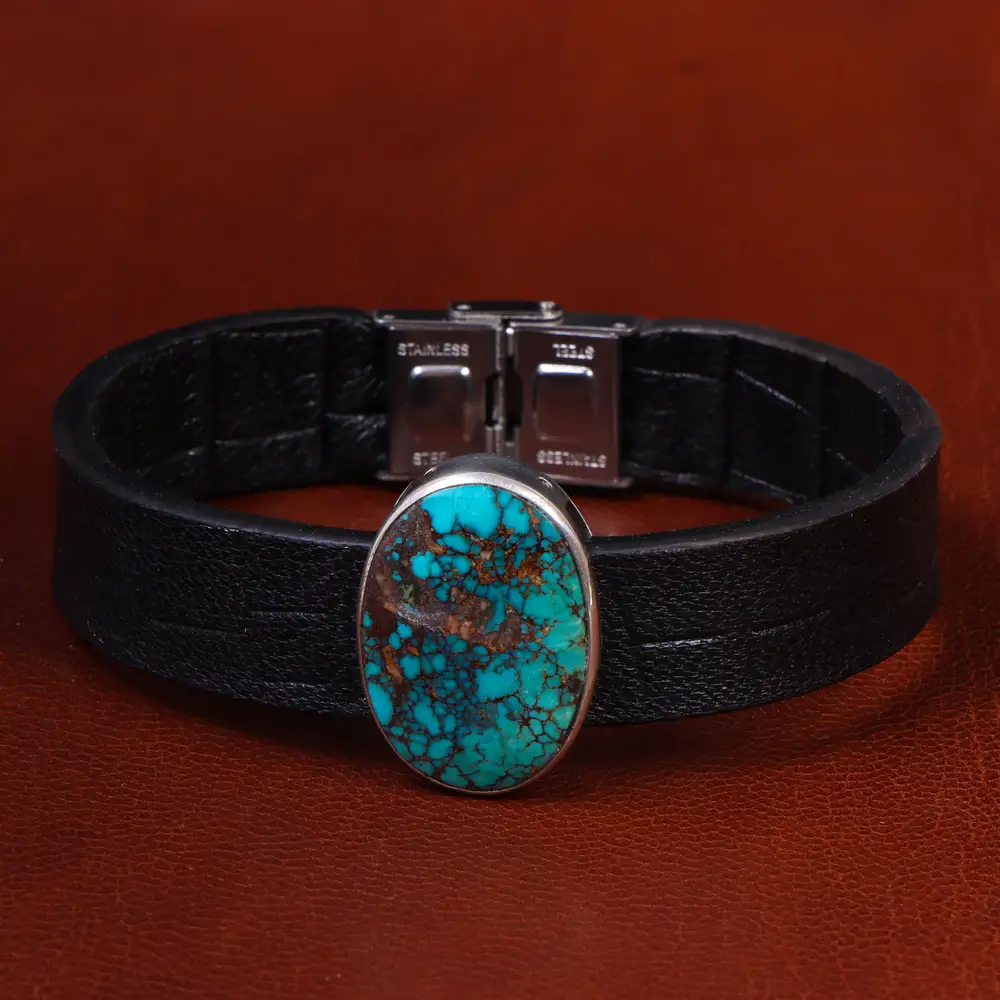 دستبند چرم فیروزه کد 22976 - جواهری مشاهیر