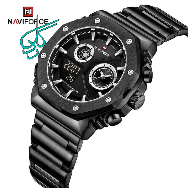 خرید ساعت مردانه نیوی فورس (Naviforce) مدل 9216 موتور ژاپن اصل ضد آب بند استیل رنگ ثابت دو زمانه چراغ دار به همراه جعبه و کیف دستی کد 1918299 - ردگل