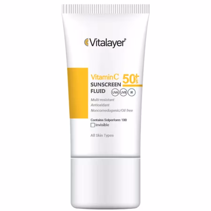 فلوئید ضد آفتاب بدون رنگ ویتالیر SPF50 مدل Vitamin C محافظ UVA ،UVB، ضد چروک، روشن‌کننده، مناسب انواع پوست حجم 50 میلی‌لیتر