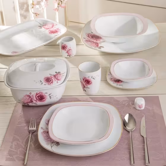 سرویس غذاخوری 98 پارچه چینی زرین ایران مدل رزفلاور مربع